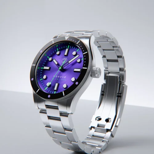 Męski srebrny zegarek Henryarcher Watches ze stalowym paskiem Nordsø - Cosmic Purple Trinity Grey 40MM Automatic