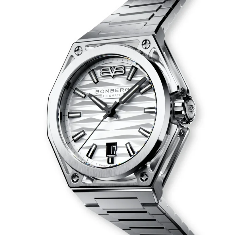 Men's silver Bomberg Watch with steel strap EDGE WHITE 43MM Automatic