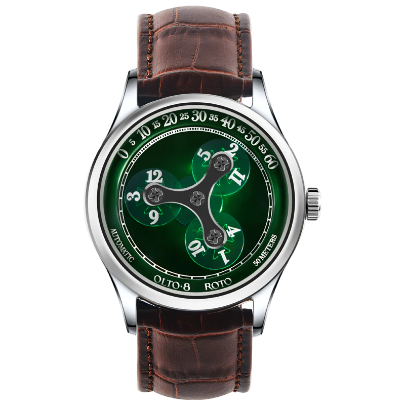 Montre OLTO-8 pour homme de couleur argent avec bracelet en cuir ROTO Jade Green Dial Upgraded 39MM Automatic