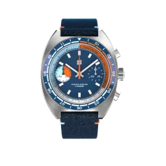 Men's silver Straton Watch with leather strap Yacht Racer Orange / Blue 42MM