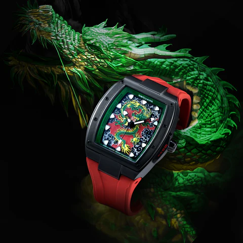 Czarny zegarek męski Nsquare ze gumowym paskiem Dragon Overloed Rec / Black 44MM Automatic