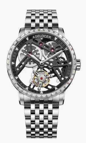 Herenhorloge in zilverkleur van Agelocer Watches met stalen riem Tourbillon Series Silver / Black Ruby 40MM