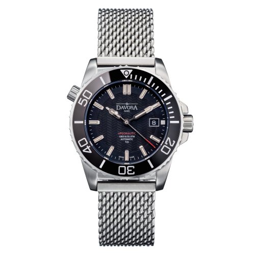 Męski srebrny zegarek Davosa ze stalowym paskiem Argonautic Lumis Mesh - Silver/Black 43MM Automatic