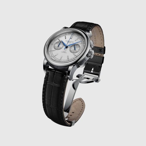 Montre Corniche argentée pour homme avec bracelet en cuir Chronograph Steel with White dial 39MM