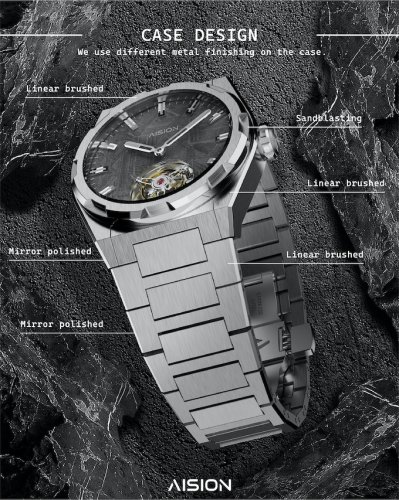 Men's silver Aisiondesign Watch with steel strap Tourbillon - Meteorite Dial Gunmetal 41MM