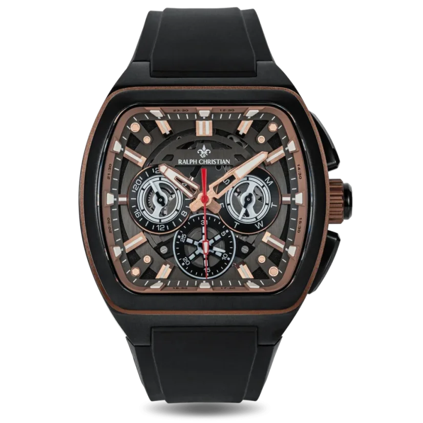 Černé pánské hodinky Ralph Christian s gumovým páskem The Vector Sport Copper Eclipse 47MM