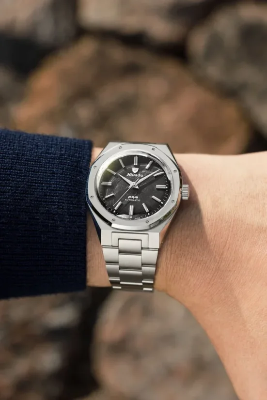 Men's silver Nivada Grenchen watch with steel strap F77 SST METEORITE MK2 68049A77 No Date 38MM Automatic