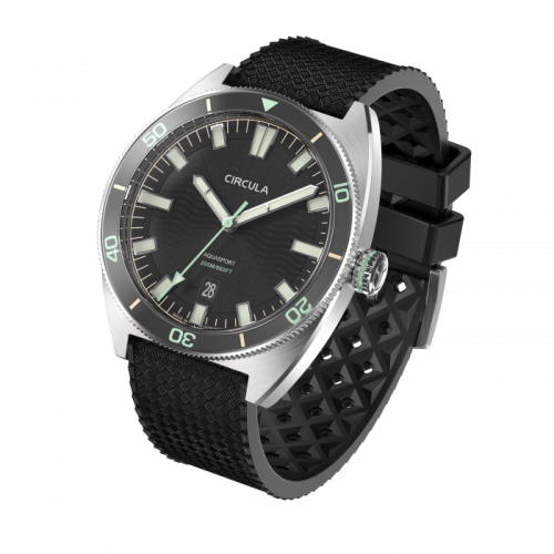 Męski srebrny zegarek Circula Watches z gumowym paskiem AquaSport II - Black 40MM Automatic