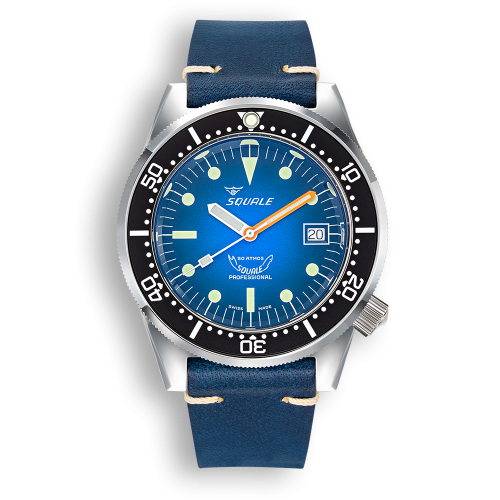 Miesten hopeinen Squale -kello nahkarannekkeella 1521 Blue Ray Leather - Silver 42MM Automatic