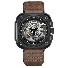 Men's black OLTO-8 with leather strap IRON-EX Square Skeleton Black / Brown 46MM Automatic