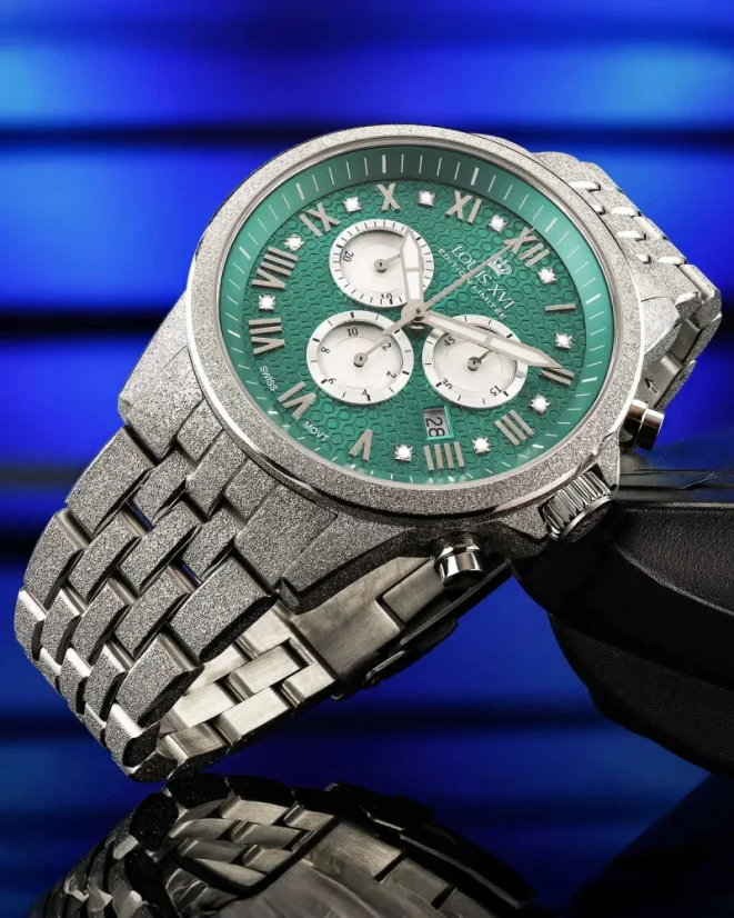 Men's silver Louis XVI watch with steel strap Frosted Aramis 2.0 With Diamonds - 3625 Silver 43MM