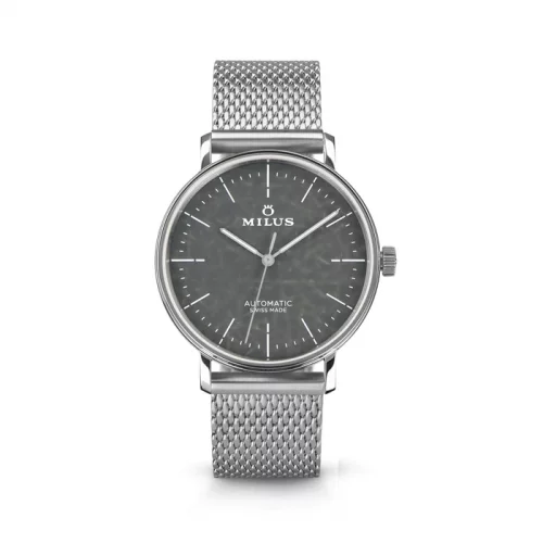 Srebrny zegarek męski Milus Watches z pasem stalowym LAB 01 Street Black 40MM Automatic