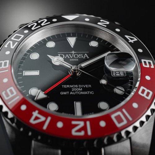Ασημένιο ρολόι Davosa για άντρες με ιμάντα από χάλυβα Ternos Ceramic GMT - Black/Red Automatic 40MM