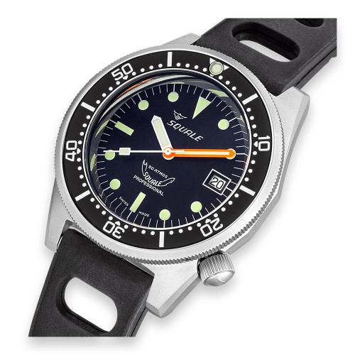 Stříbrné pánské hodinky Squale s gumovým páskem 1521 Black Blasted - Silver 42MM Automatic
