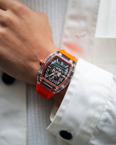 Orologio da uomo in argento Ralph Christian con un braccialetto di gomma The Ghost - Neon Orange Automatic 43MM
