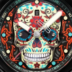 Zwart herenhorloge van Bomberg Watches met een rubberen band SUGAR SKULL RED 45MM