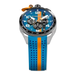 Zilveren herenhorloge van Bomberg Watches met een rubberen band RACING 4.2 Blue / Orange 45MM