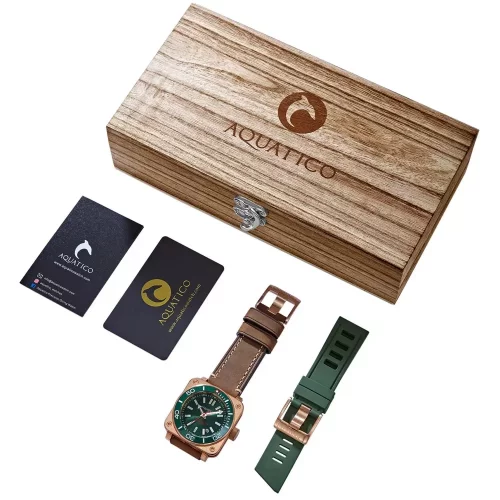 Złoty zegarek męski Aquatico Watches ze skórzanym paskiem Charger Bronze Green Dial Automatic 43MM