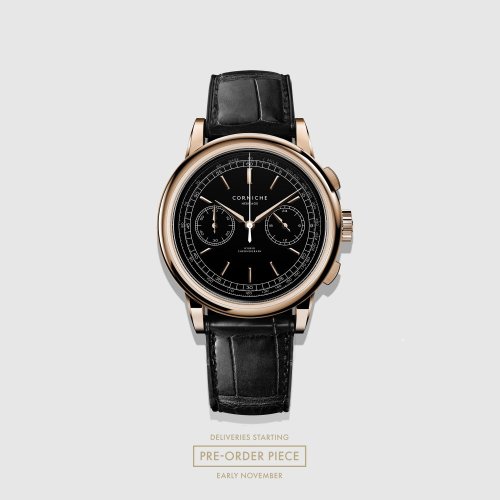 Men's gold Corniche watch with leather strap Chronograph Steel with Rose Gold Black dial 39MM