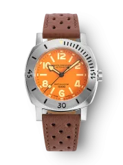 Men's silver Nivada Grenchen watch with leather strap Orange Depthmaster 14127A23 39MM Automatic