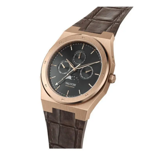 Zlaté pánské hodinky Valuchi Watches s koženým páskem Lunar Calendar - Rose Gold Brown Leather 40MM