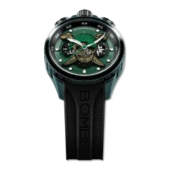 Zwart herenhorloge van Bomberg Watches met een rubberen band PIRATE SKULL GREEN 45MM