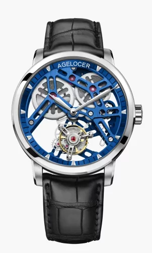 Herenhorloge in zilverkleur van Agelocer Watches met leren band Tourbillon Series Silver / Black Blue 40MM