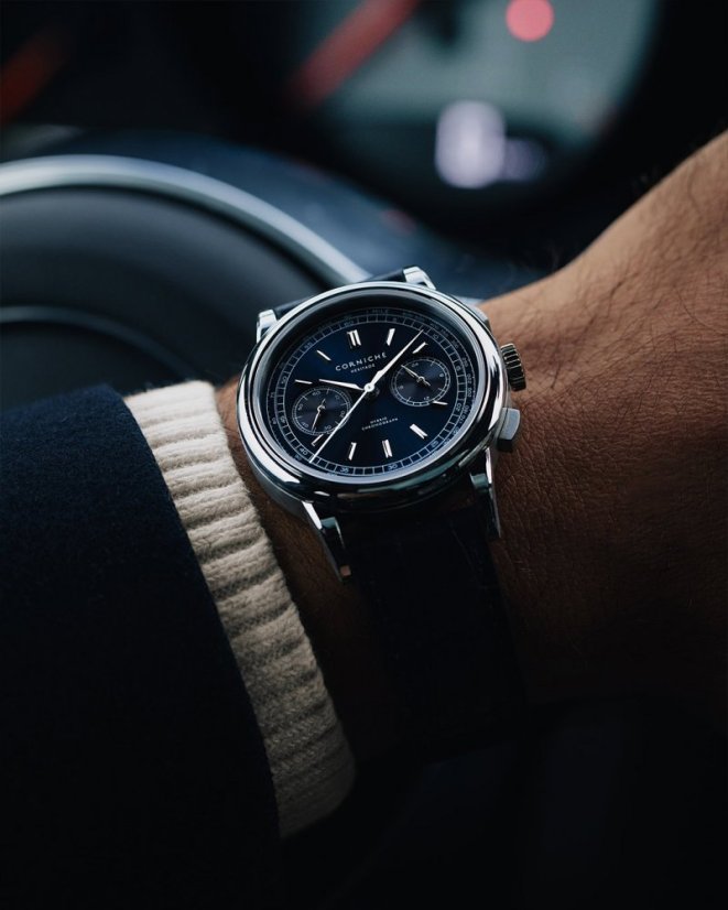 Men's silver Corniche watch with leather strap Chronograph Steel with Blue dial 39MM