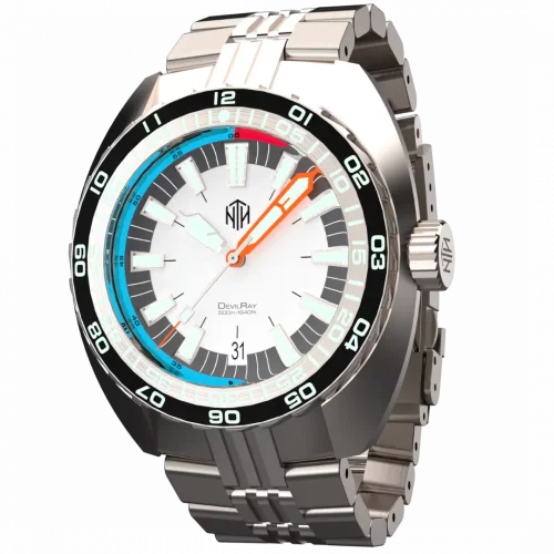 Męski srebrny zegarek NTH Watches ze stalowym paskiem DevilRay With Date - Silver / White Automatic 43MM