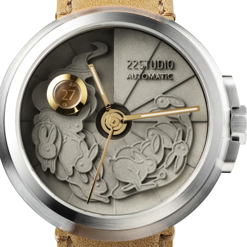 Zilverkleurig herenhorloge van 22Designstudio Watches met leren band Rabbit Edition Concrete 45MM Automatic