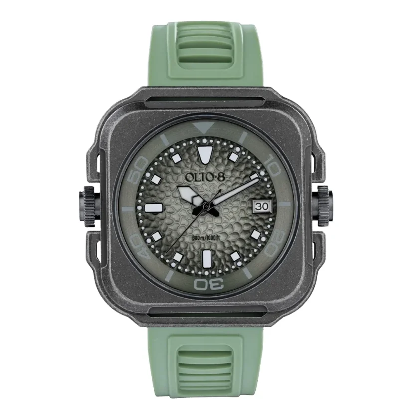 Zwart herenhorloge van OLTO-8 met rubberen band Coral Steward Diving Black / Green 45MM