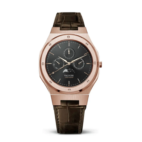 Men's gold Valuchi watch with leather strap Lunar Calendar - Rose Gold Brown Leather 40MM