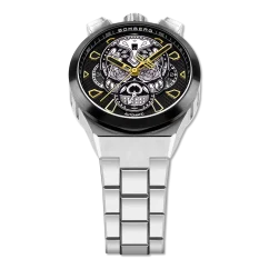 Srebrny zegarek męski Bomberg Watches ze stalowym paskiem CHRONO SKULL THROWBACK EDITION - SILVER 44MM Automatic