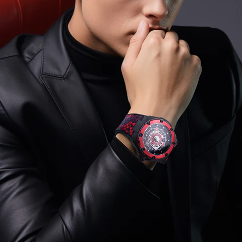 Čierne pánske hodinky Nsquare s gumovým opaskom FIVE ELEMENTS Black / Red 46MM Automatic