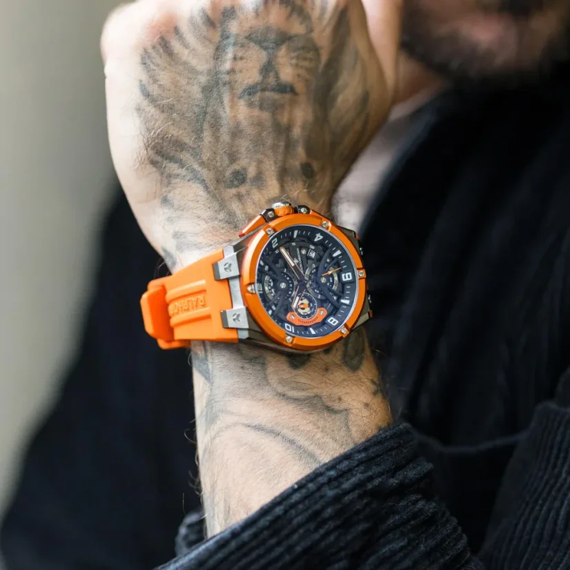 Stříbrné pánské hodinky Ralph Christian s gumovým páskem The Apex Chrono - Sunset Orange 46MM