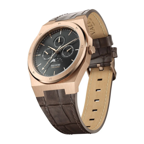 Relógio Valuchi Watches ouro para homens com cinto de couro Lunar Calendar - Rose Gold Brown Leather 40MM