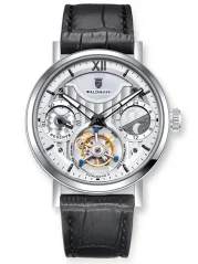 Stříbrné pánské hodinky Waldhoff s koženým páskem Ultramatic II Diamond Silver 42,5MM Automatic