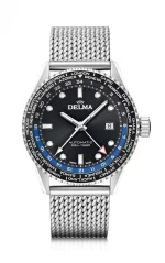 Strieborné pánske hodinky Delma Watches s ocelovým pásikom Cayman Worldtimer Silver / Black 42MM Automatic