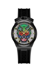 Čierne pánske hodinky Bomberg Watches s gumovým pásikom CHRONO SKULL THROWBACK EDITION - COLORIDO BLACK 44MM Automatic