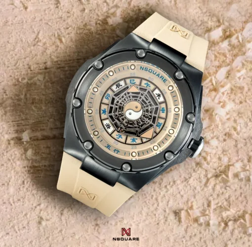Czarny zegarek męski Nsquare ze gumowym paskiem FIVE ELEMENTS Black / Brown 46MM Automatic
