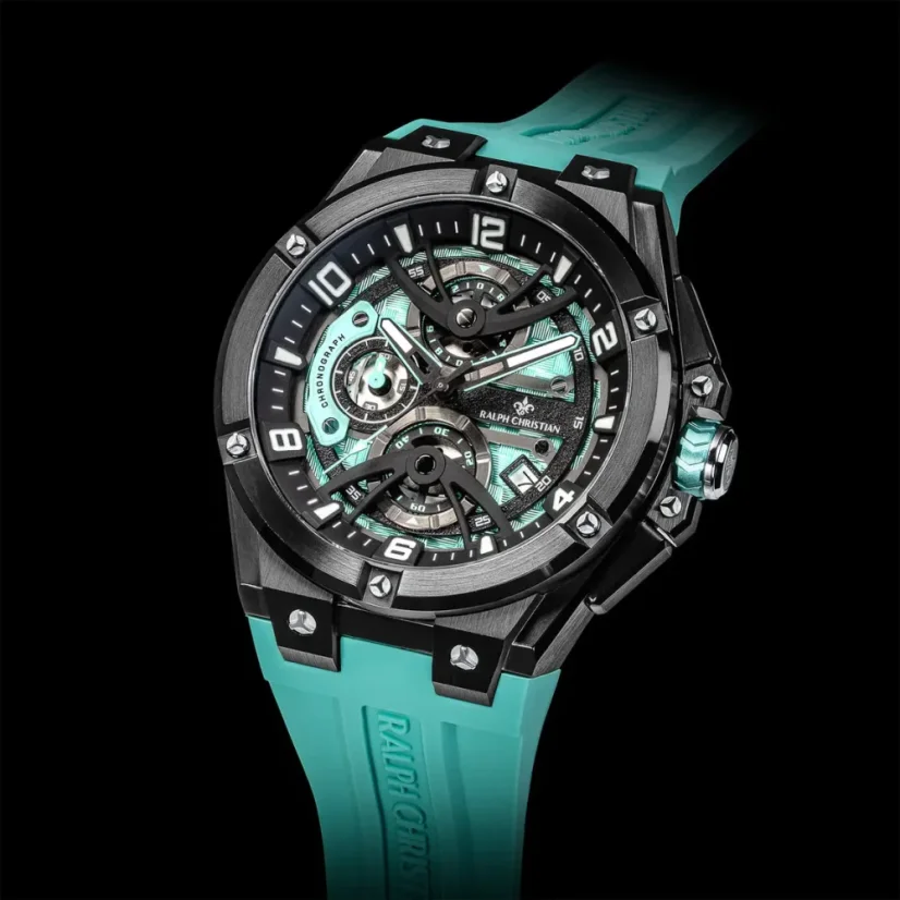 Ralph Christian musta miesten kello kuminauhalla The Apex Chrono - Aqua Marine 46MM