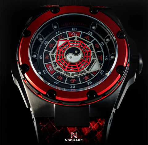 Zwart herenhorloge van Nsquare met rubberen band FIVE ELEMENTS Black / Red 46MM Automatic