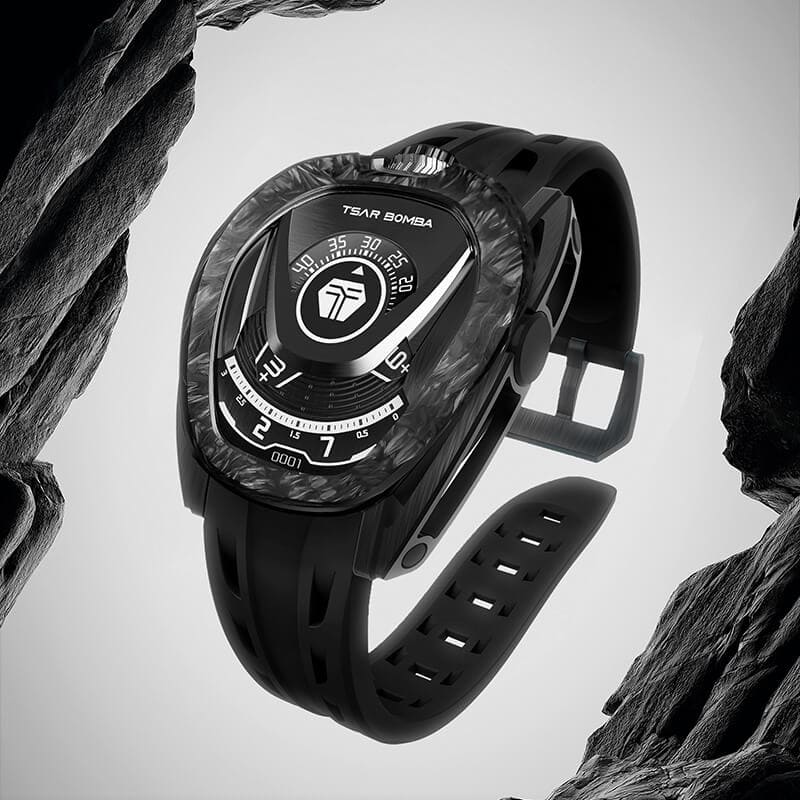Men's black Tsar Bomba Watch with a rubber band TB8213 - All Black Automatic 44MM