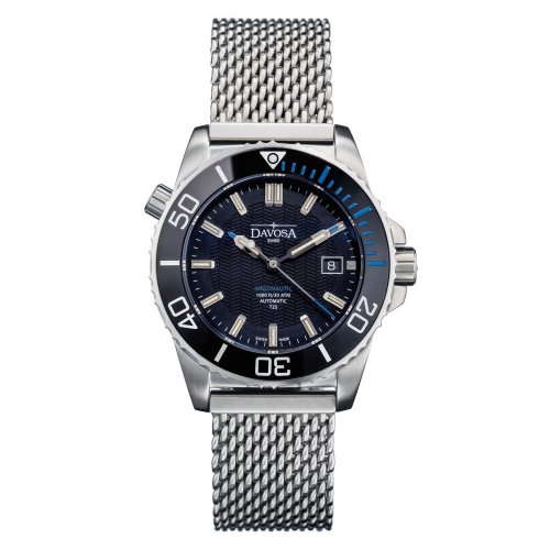 Męski srebrny zegarek Davosa ze stalowym paskiem Argonautic Lumis Mesh - Silver/Blue 43MM Automatic