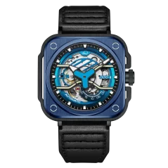 Blaue Herrenuhr OLTO-8 mit Lederband IRON-EX Square Skeleton Blue / Black 46MM Automatic