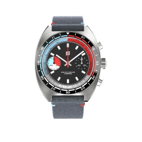 Men's silver Straton Watch with leather strap Yacht Racer Red / Blue 42MM