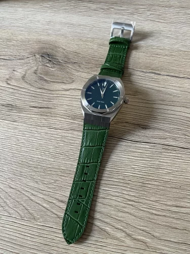 Srebrny męski zegarek Paul Rich z prawdziwym skórzanym paskiem Star Dust - Leather Green Silver 45MM