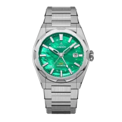 Srebrny zegarek męski Aisiondesign Watches z pasem stalowym HANG GMT - Green MOP 41MM Automatic