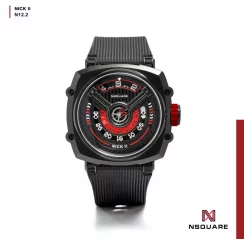 Zwart herenhorloge van Nsquare met rubberen band NSQUARE NICK II Black / Red 45MM Automatic