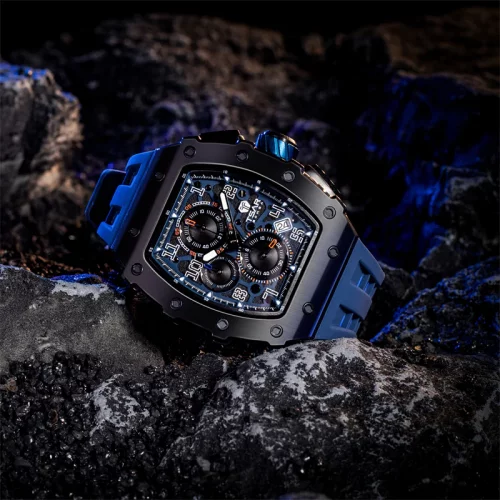 Μαύρο ανδρικό ρολόι Tsar Bomba Watch με ατσάλινο λουράκι TB8204Q - Black / Blue 43,5MM